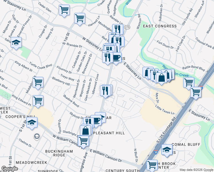 map of restaurants, bars, coffee shops, grocery stores, and more near 5924 South Congress Avenue in Austin