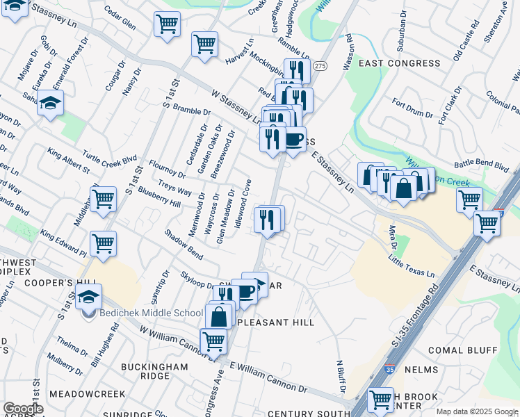 map of restaurants, bars, coffee shops, grocery stores, and more near 5924 South Congress Avenue in Austin