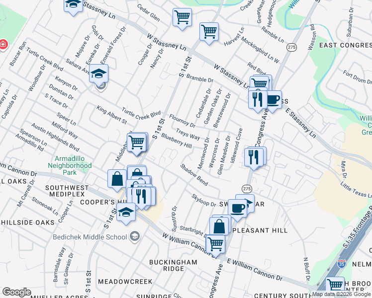 map of restaurants, bars, coffee shops, grocery stores, and more near 6202 Shadow Bend in Austin