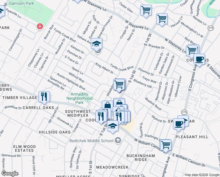 map of restaurants, bars, coffee shops, grocery stores, and more near 6402 King George Drive in Austin