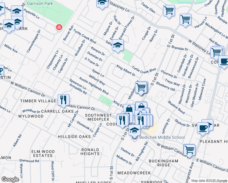 map of restaurants, bars, coffee shops, grocery stores, and more near 6409 Cooper Lane in Austin