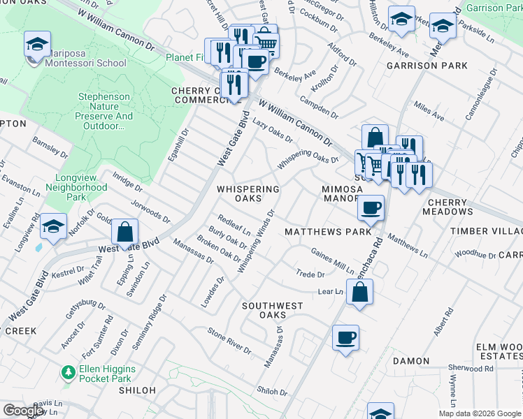 map of restaurants, bars, coffee shops, grocery stores, and more near 2504 Greenland Lane in Austin
