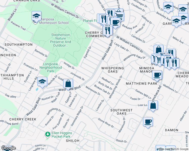 map of restaurants, bars, coffee shops, grocery stores, and more near 2600 Inridge Drive in Austin