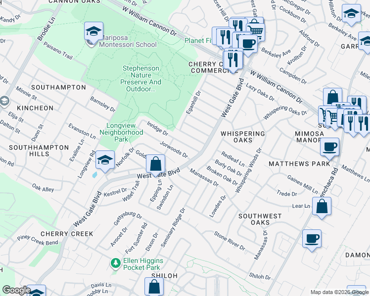 map of restaurants, bars, coffee shops, grocery stores, and more near 2710 Jorwoods Drive in Austin
