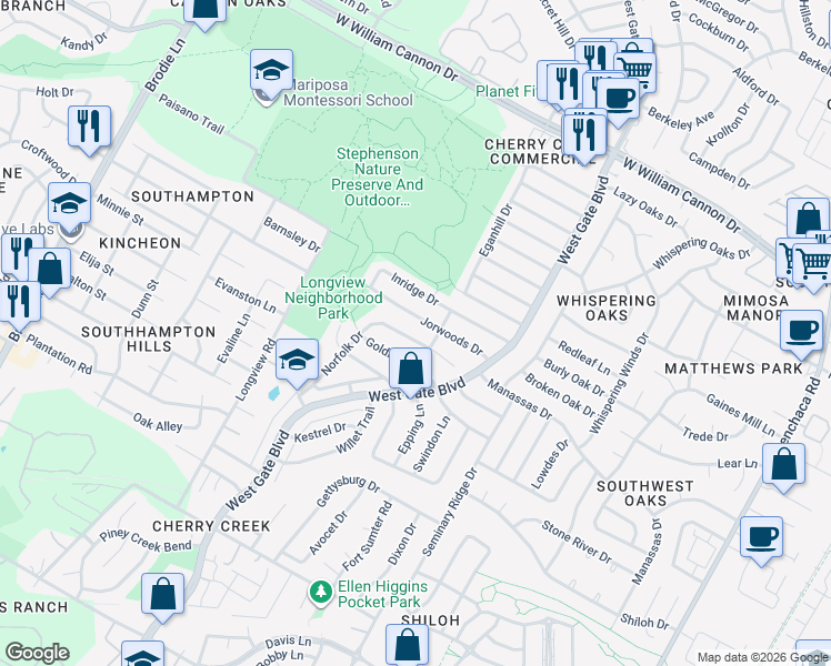 map of restaurants, bars, coffee shops, grocery stores, and more near 2800 Norfolk Drive in Austin