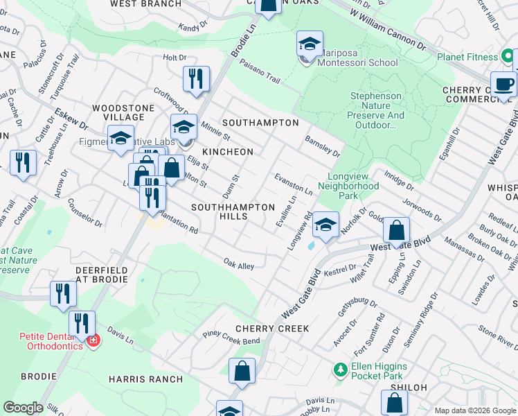 map of restaurants, bars, coffee shops, grocery stores, and more near 8009 Burley Bend in Austin