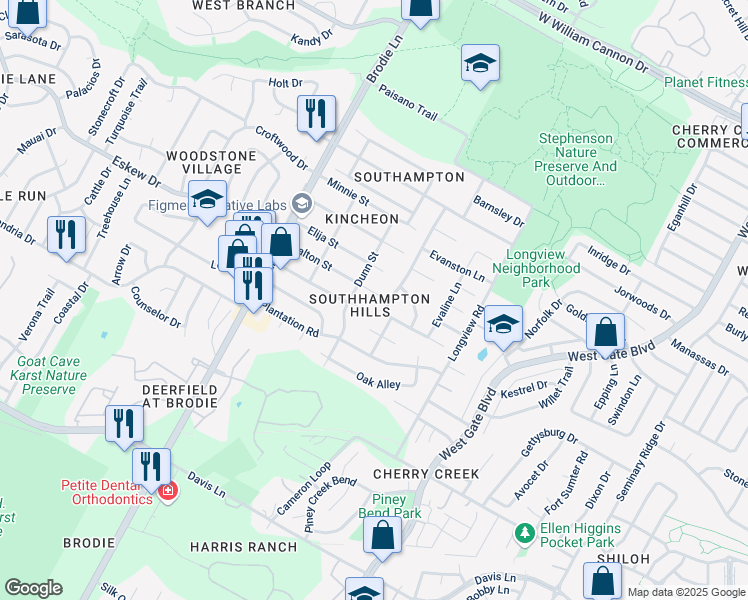 map of restaurants, bars, coffee shops, grocery stores, and more near 8010 Clydesdale Drive in Austin