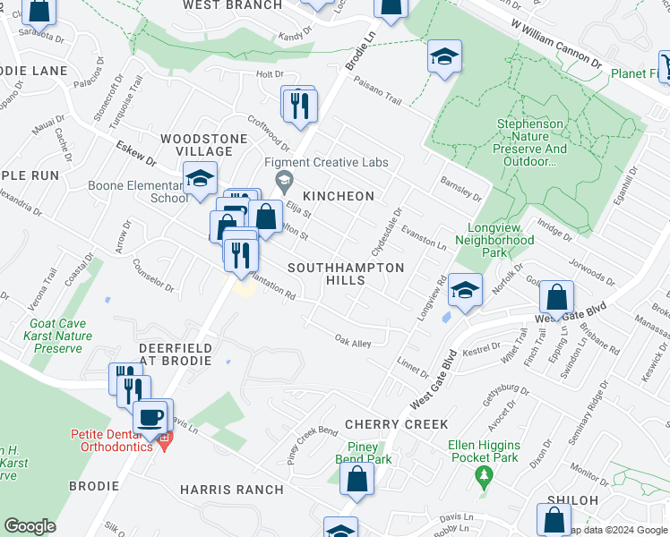 map of restaurants, bars, coffee shops, grocery stores, and more near 8100 Dunn Street in Austin