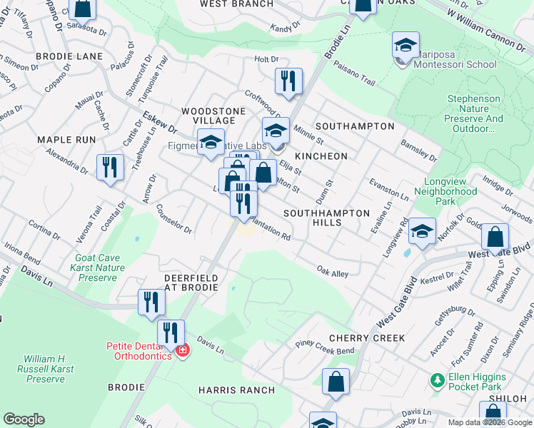 map of restaurants, bars, coffee shops, grocery stores, and more near 3414 Plantation Road in Austin