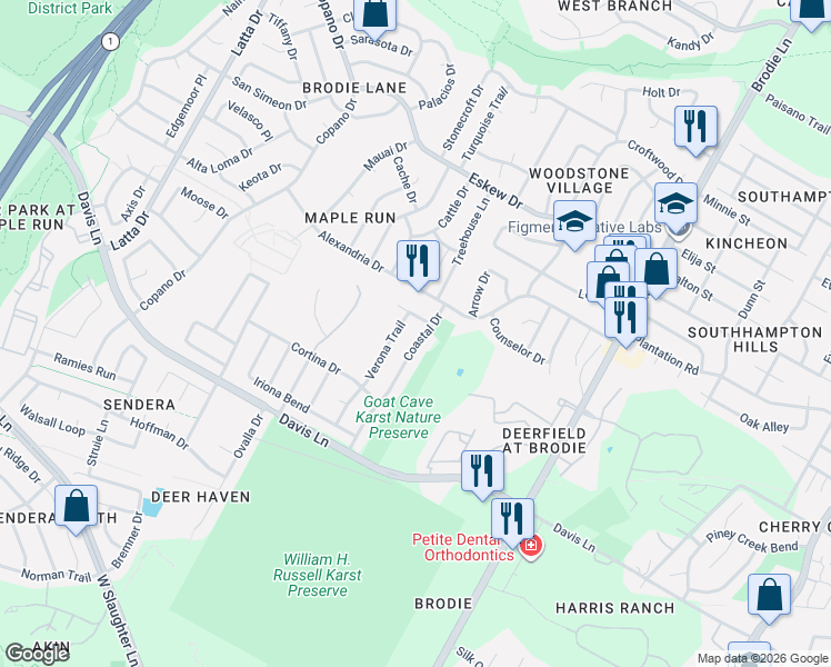 map of restaurants, bars, coffee shops, grocery stores, and more near 8606 Coastal Drive in Austin