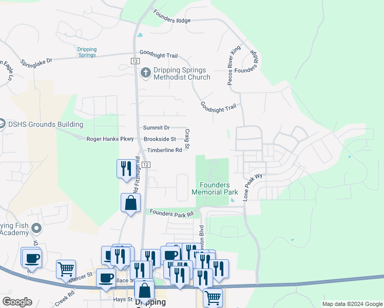 map of restaurants, bars, coffee shops, grocery stores, and more near 314 Timberline Road in Dripping Springs