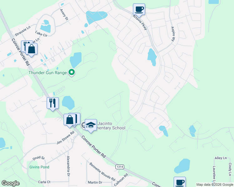 map of restaurants, bars, coffee shops, grocery stores, and more near 17571 Fm 1314 Road in Conroe