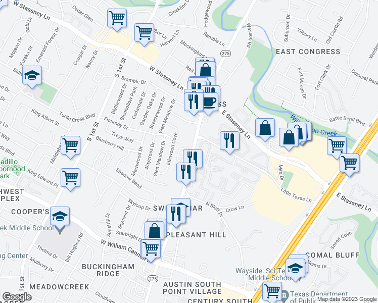 map of restaurants, bars, coffee shops, grocery stores, and more near 5924 South Congress Avenue in Austin