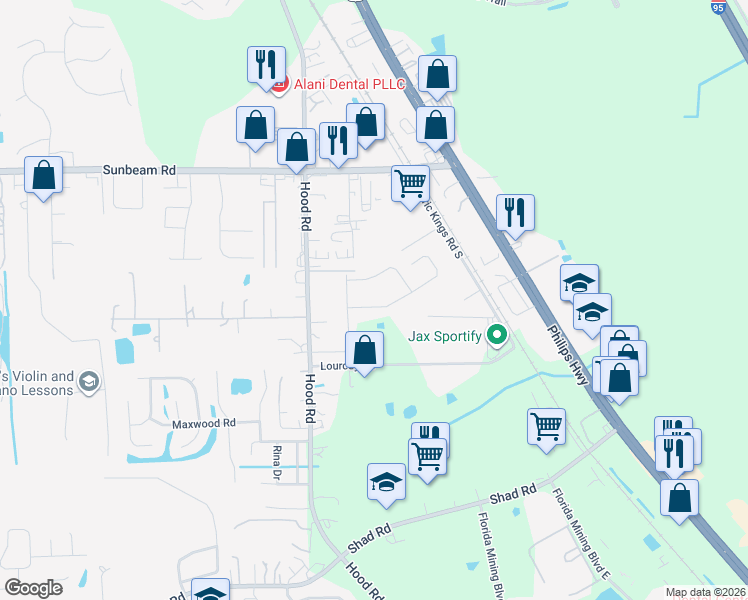 map of restaurants, bars, coffee shops, grocery stores, and more near 5035 Oak Bend Avenue in Jacksonville