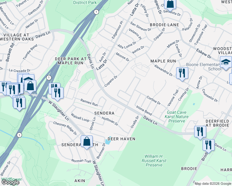 map of restaurants, bars, coffee shops, grocery stores, and more near 8920 West Hove Loop in Austin