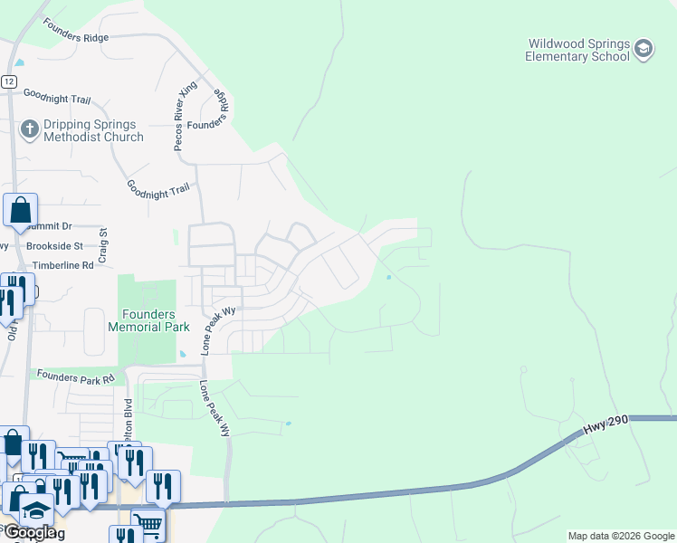 map of restaurants, bars, coffee shops, grocery stores, and more near Cannon Ranch Road in Dripping Springs