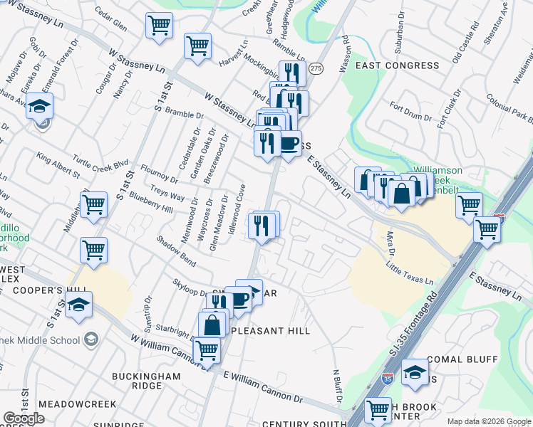 map of restaurants, bars, coffee shops, grocery stores, and more near 5924 South Congress Avenue in Austin