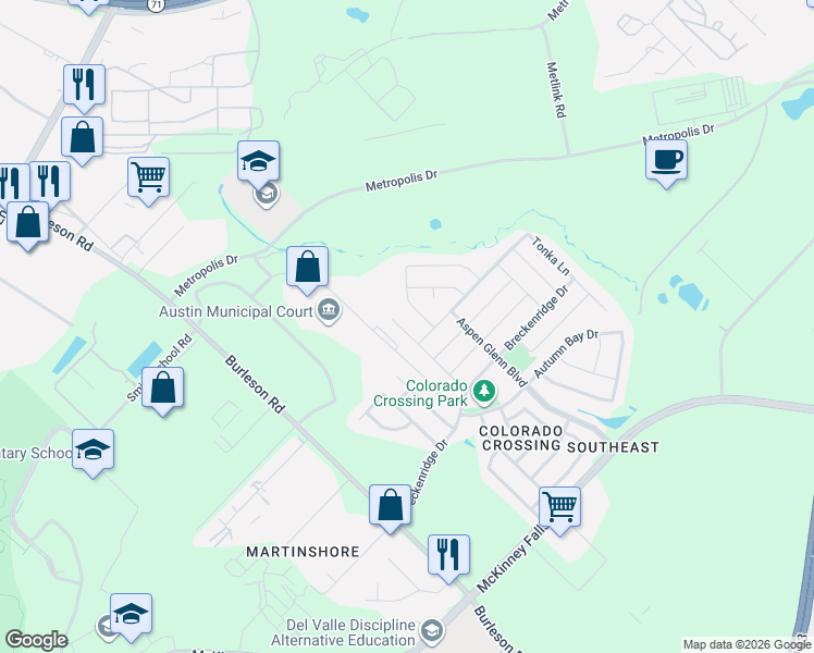 map of restaurants, bars, coffee shops, grocery stores, and more near 6900 Vail Ridge Street in Austin