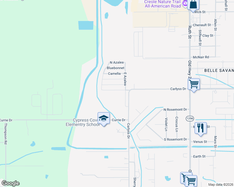 map of restaurants, bars, coffee shops, grocery stores, and more near 3550 Carlyss Drive in Sulphur
