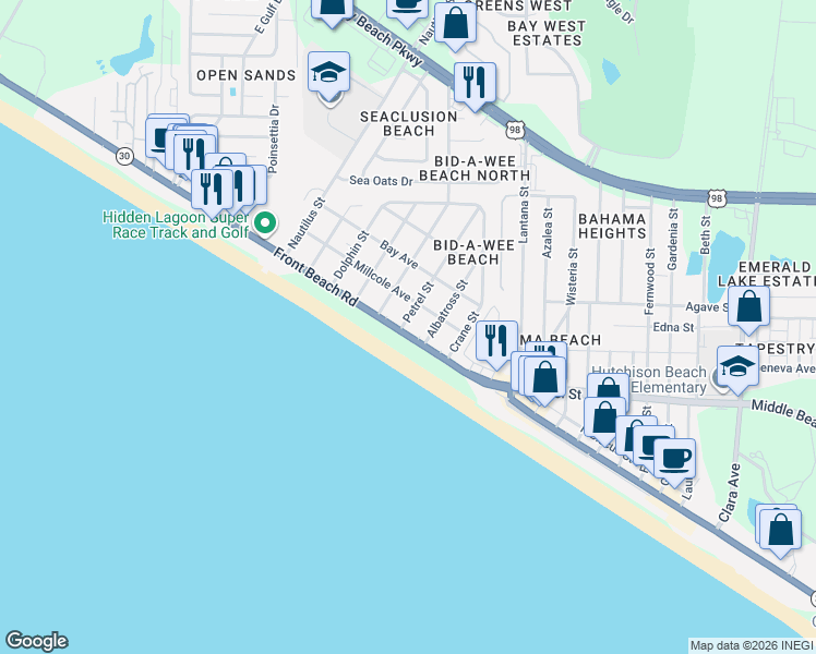 map of restaurants, bars, coffee shops, grocery stores, and more near 13808 Front Beach Road in Panama City Beach