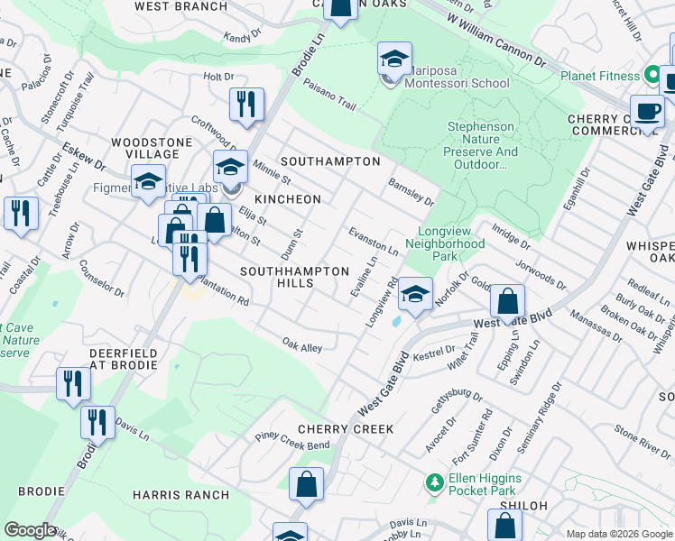 map of restaurants, bars, coffee shops, grocery stores, and more near 8009 Burley Bend in Austin