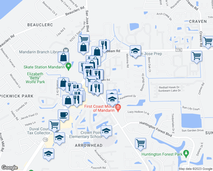 map of restaurants, bars, coffee shops, grocery stores, and more near 9754 Summer Grove Way West in Jacksonville