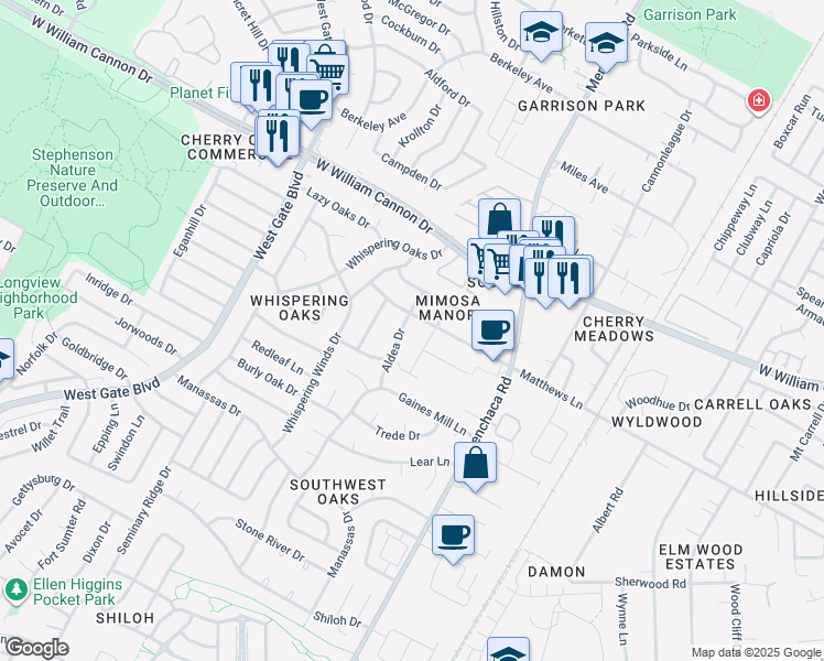 map of restaurants, bars, coffee shops, grocery stores, and more near 7220 Aldea Drive in Austin