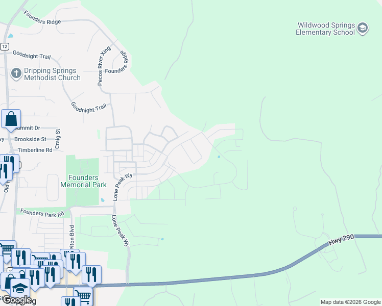 map of restaurants, bars, coffee shops, grocery stores, and more near Cannon Ranch Road in Dripping Springs