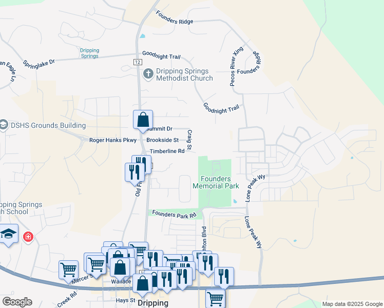map of restaurants, bars, coffee shops, grocery stores, and more near 314 Timberline Road in Dripping Springs