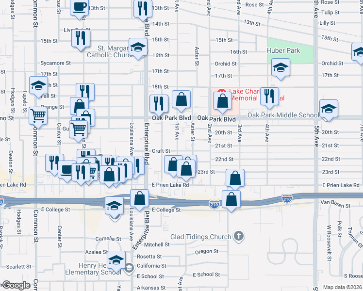 map of restaurants, bars, coffee shops, grocery stores, and more near 3011 1st Ave in Lake Charles