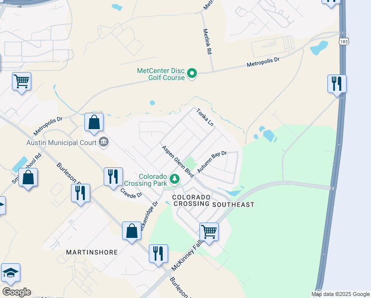 map of restaurants, bars, coffee shops, grocery stores, and more near 3616 Breckenridge Drive in Austin