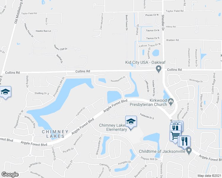 map of restaurants, bars, coffee shops, grocery stores, and more near 9008 Bridgecreek Drive West in Jacksonville