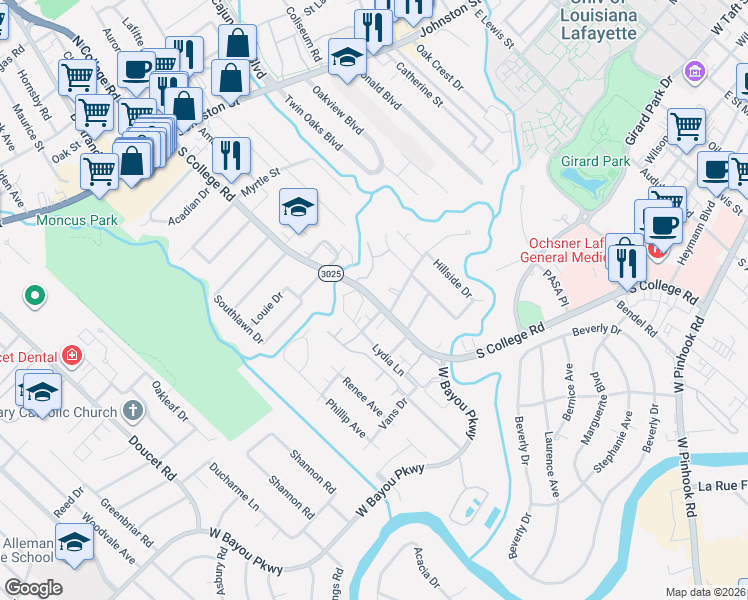 map of restaurants, bars, coffee shops, grocery stores, and more near South College Road in Lafayette
