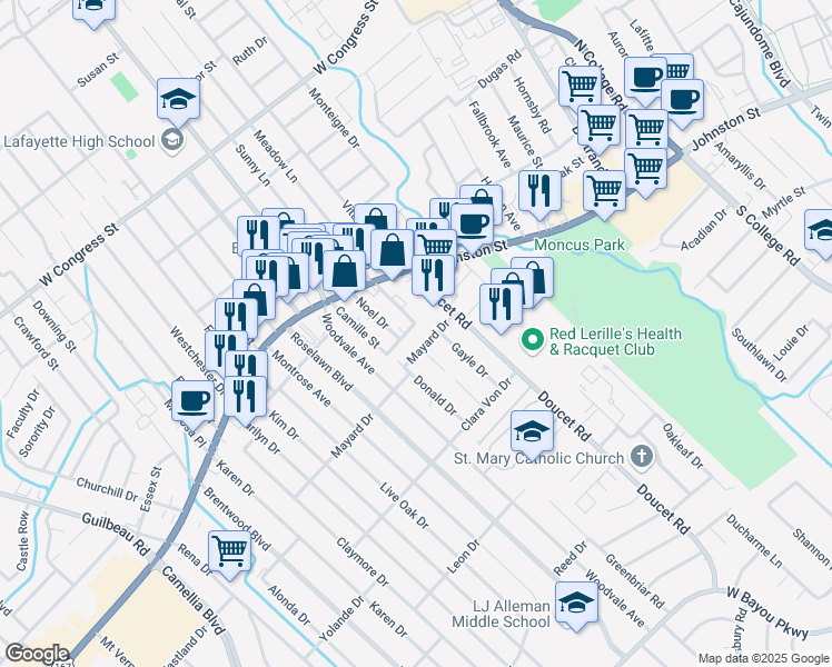 map of restaurants, bars, coffee shops, grocery stores, and more near 103 Antoinette Street in Lafayette