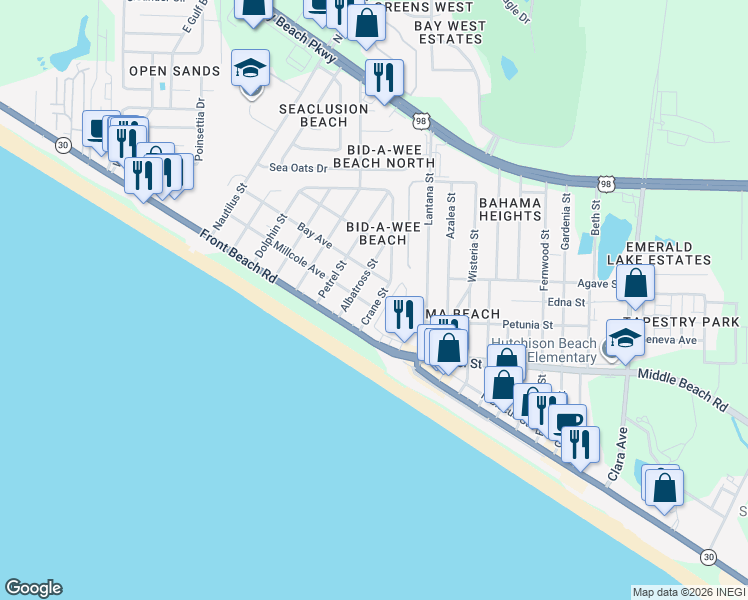 map of restaurants, bars, coffee shops, grocery stores, and more near 13626 Front Beach Road in Panama City Beach