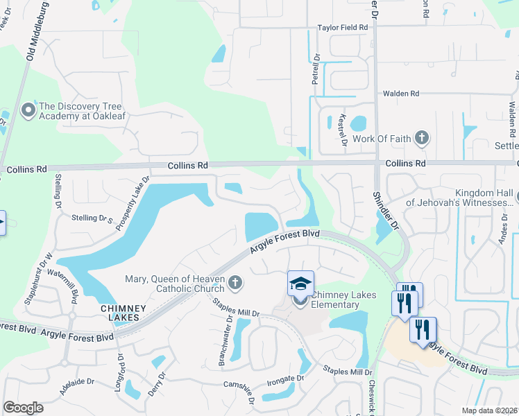 map of restaurants, bars, coffee shops, grocery stores, and more near 8996 Bridgecreek Drive West in Jacksonville