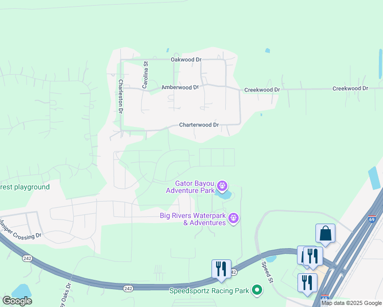 map of restaurants, bars, coffee shops, grocery stores, and more near 23534 Charterwood Drive in Splendora