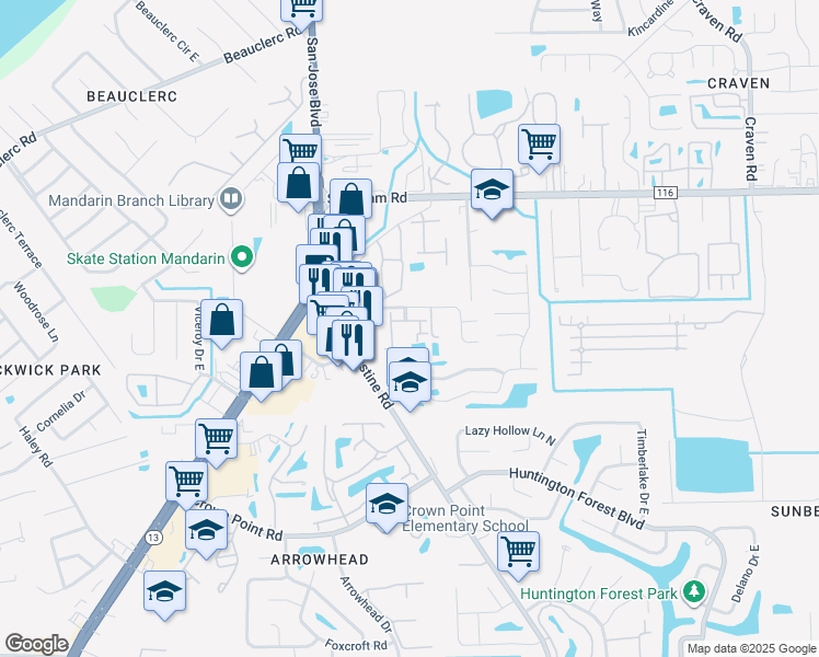 map of restaurants, bars, coffee shops, grocery stores, and more near 9770 Summer Grove Way East in Jacksonville