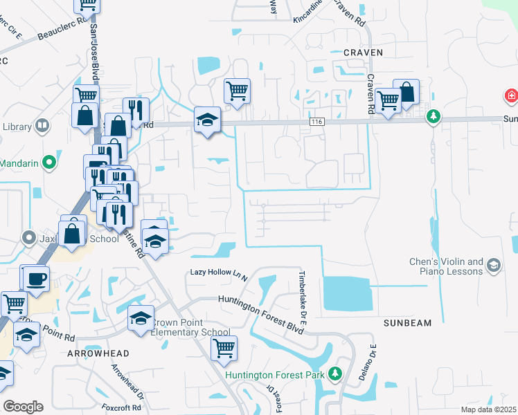 map of restaurants, bars, coffee shops, grocery stores, and more near 4262 Edgewater Crossing Drive in Jacksonville