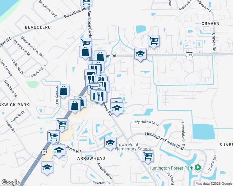 map of restaurants, bars, coffee shops, grocery stores, and more near 9770 Summer Grove Way East in Jacksonville