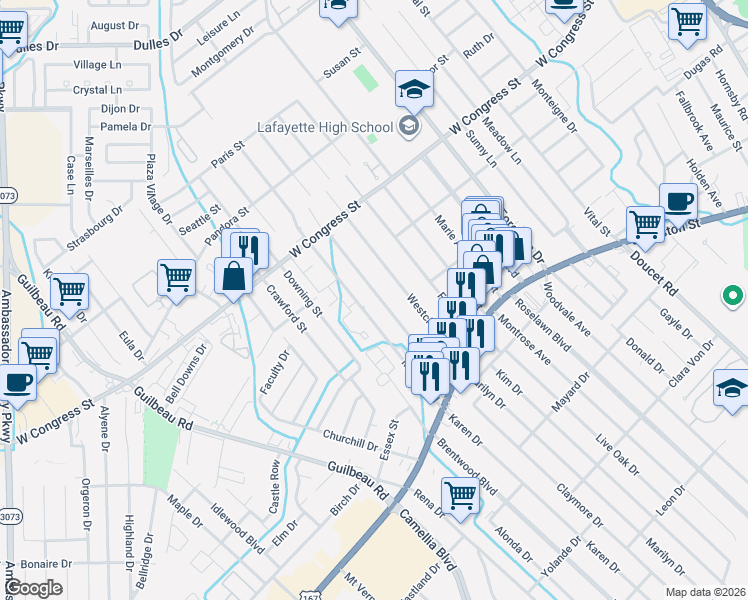 map of restaurants, bars, coffee shops, grocery stores, and more near 152 Mimosa Place in Lafayette