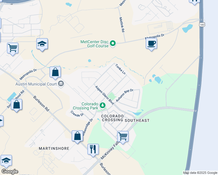 map of restaurants, bars, coffee shops, grocery stores, and more near 3616 Breckenridge Drive in Austin