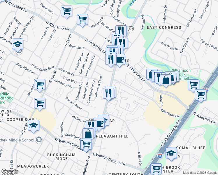 map of restaurants, bars, coffee shops, grocery stores, and more near 5924 South Congress Avenue in Austin