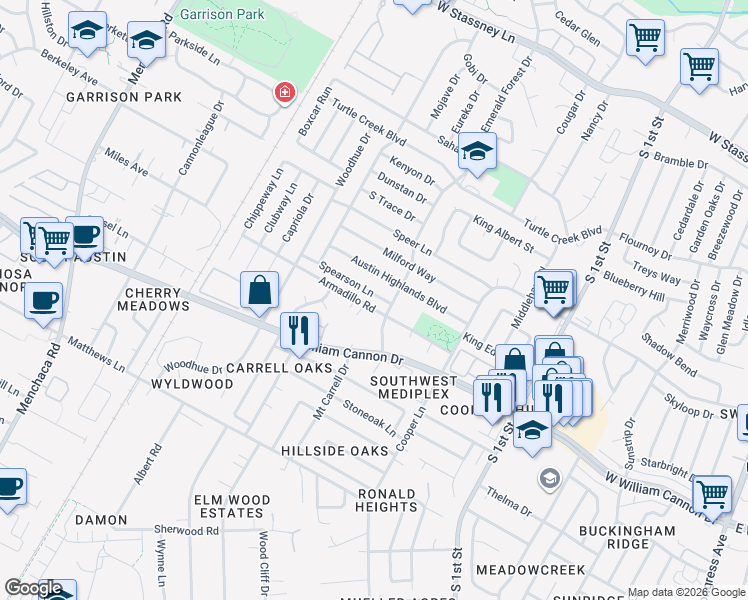 map of restaurants, bars, coffee shops, grocery stores, and more near 1105 Spearson Lane in Austin