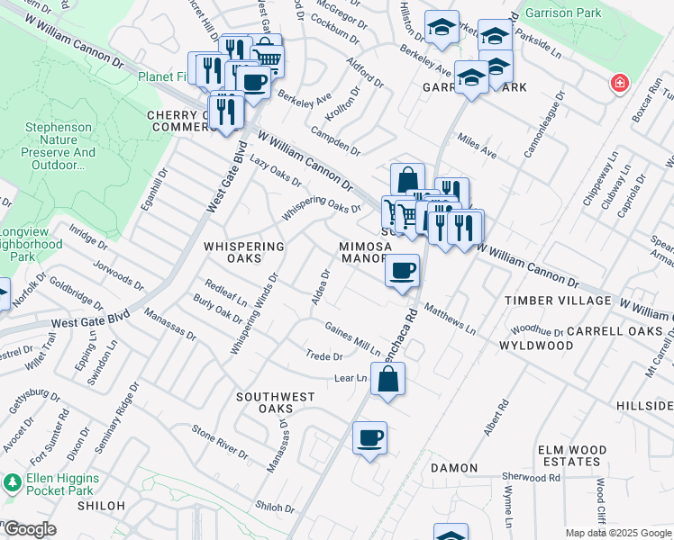 map of restaurants, bars, coffee shops, grocery stores, and more near 7220 Aldea Drive in Austin