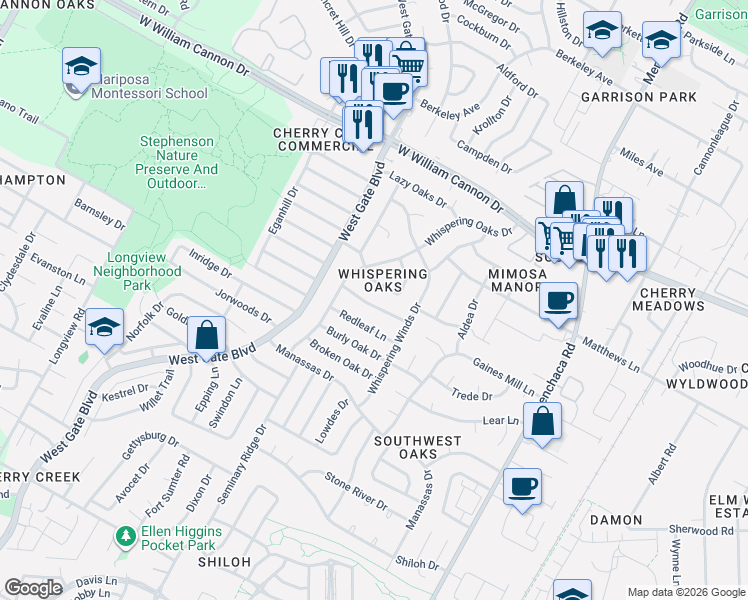 map of restaurants, bars, coffee shops, grocery stores, and more near 2603 Greenland Lane in Austin