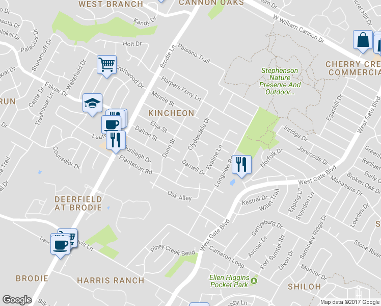 map of restaurants, bars, coffee shops, grocery stores, and more near 8009 Burley Bend in Austin