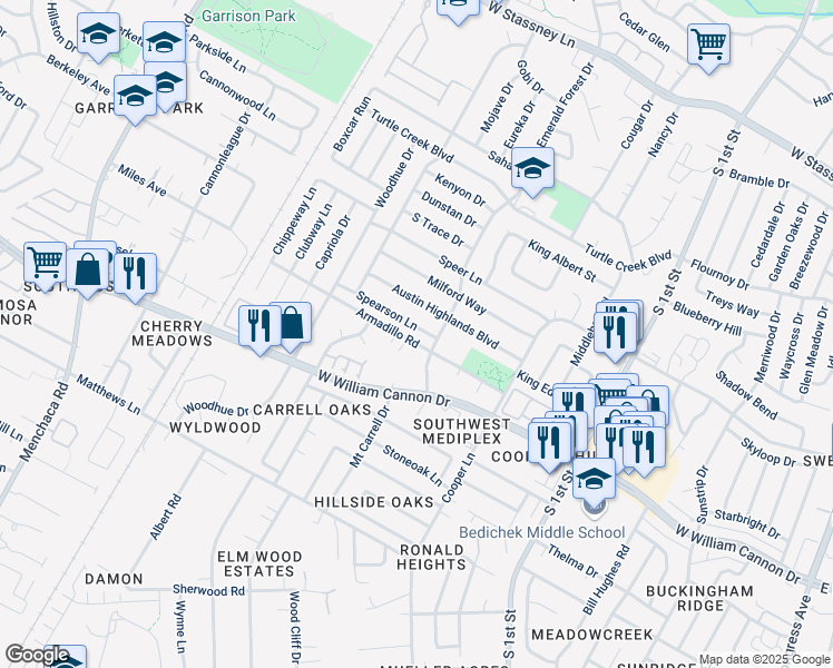 map of restaurants, bars, coffee shops, grocery stores, and more near 1105 Spearson Lane in Austin