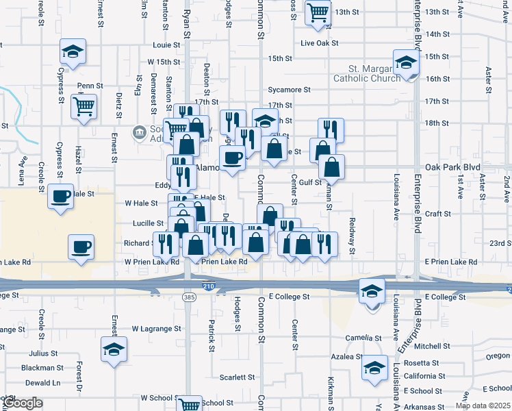 map of restaurants, bars, coffee shops, grocery stores, and more near 3102 Common Street in Lake Charles