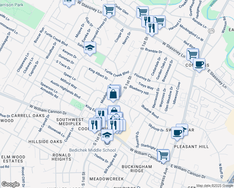 map of restaurants, bars, coffee shops, grocery stores, and more near 711 Eberhart Lane in Austin